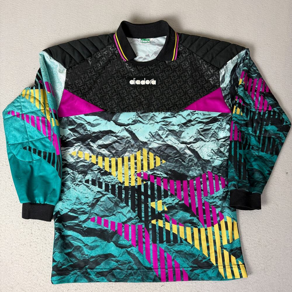 Vintage 90s Diadora Goalkeeper Jersey XL Teal Pink Padded Long Sleeve Soccer